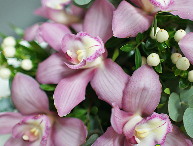 Корзинка с розовыми орхидеями Фото